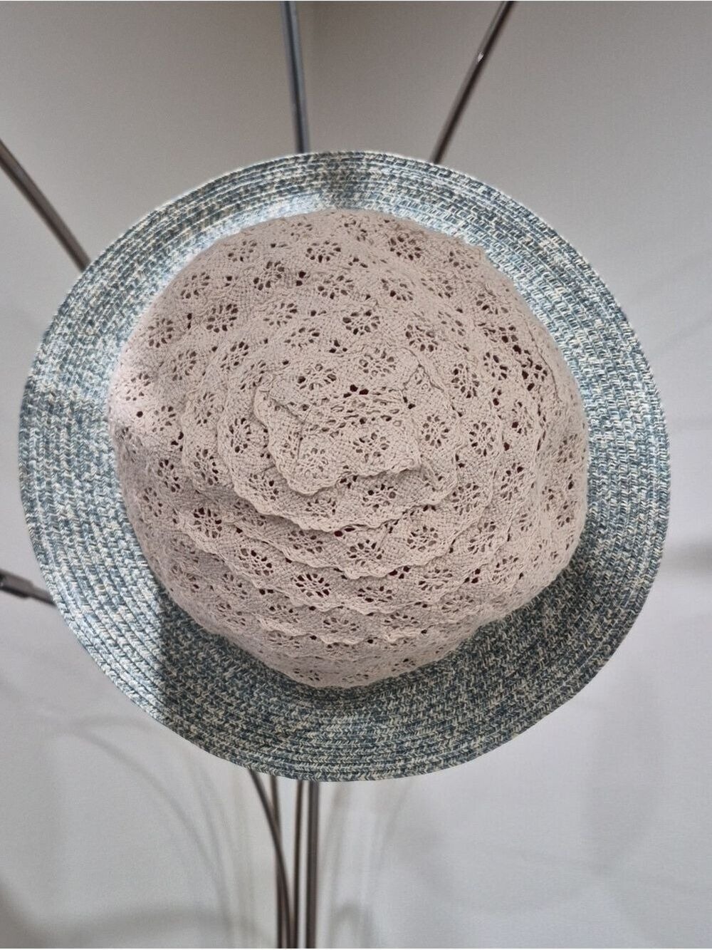 Galliano Sorbatti Italy Crochet & Paper Straw Bucket Sun Hat - Blue/Cream